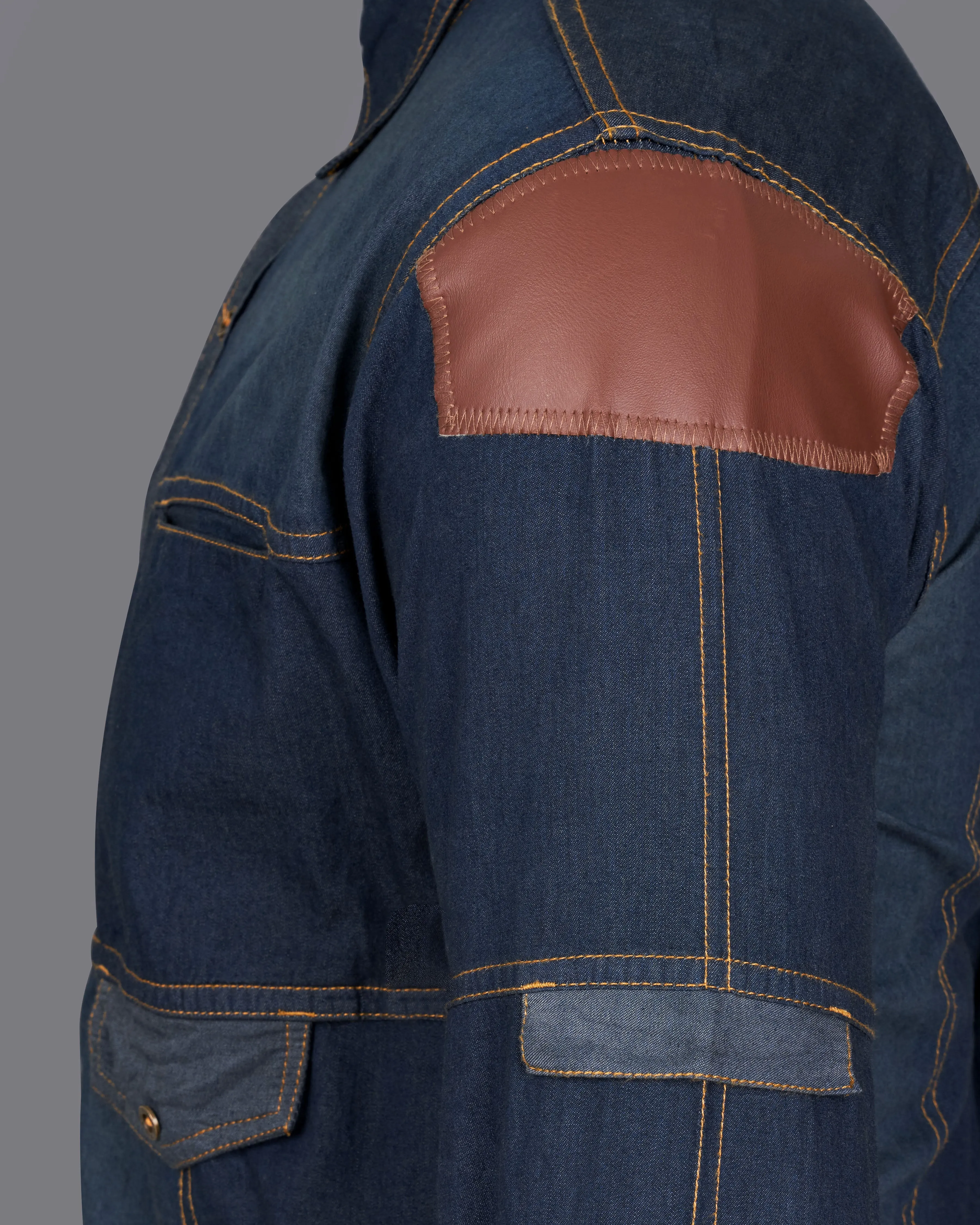 Outer Space Blue Summer Denim Designer Shirt With Leather Patch Work