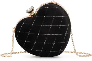 Oweisong Red Heart Shaped Purses for Women Black Velvet Clutch Bag Sparkling Rhinestone Evening Handbag for Wedding Party
