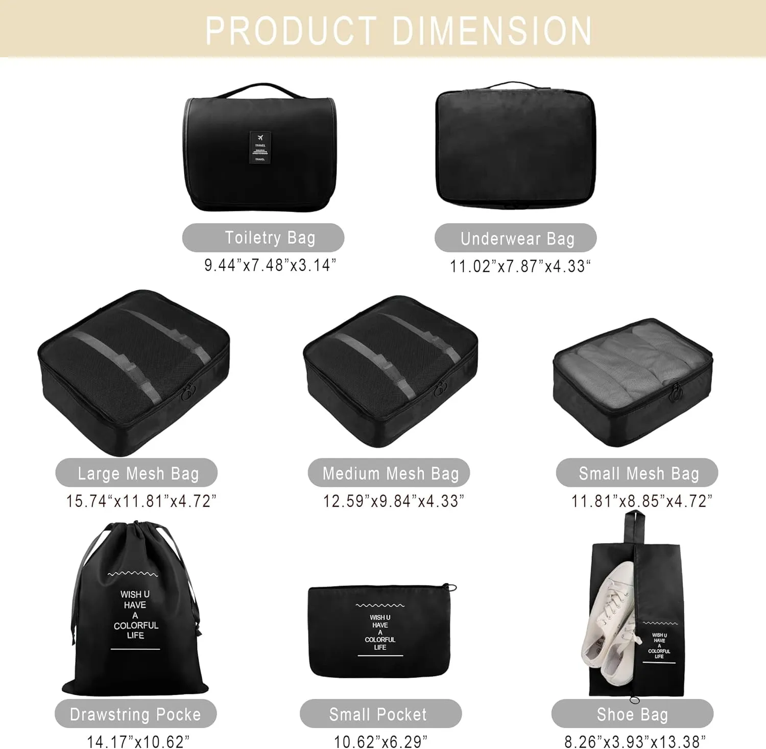 Packing Cubes, 8 Pcs Travel Packing Organizers for Suitcases, Large Capacity Travel Luggage Organizers Set includes 8 Storage Bags, Travel Essentials for Women or Men (Black)