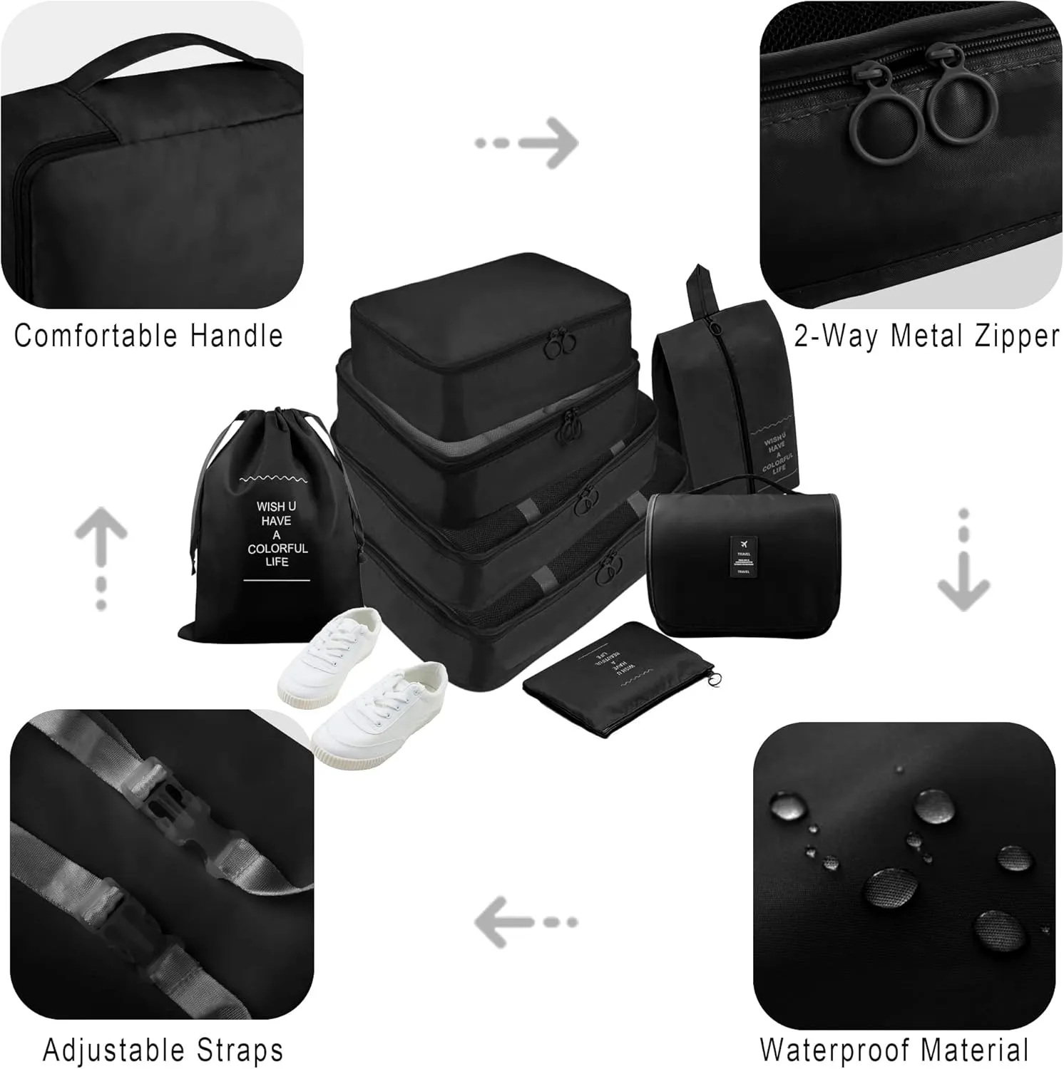 Packing Cubes, 8 Pcs Travel Packing Organizers for Suitcases, Large Capacity Travel Luggage Organizers Set includes 8 Storage Bags, Travel Essentials for Women or Men (Black)