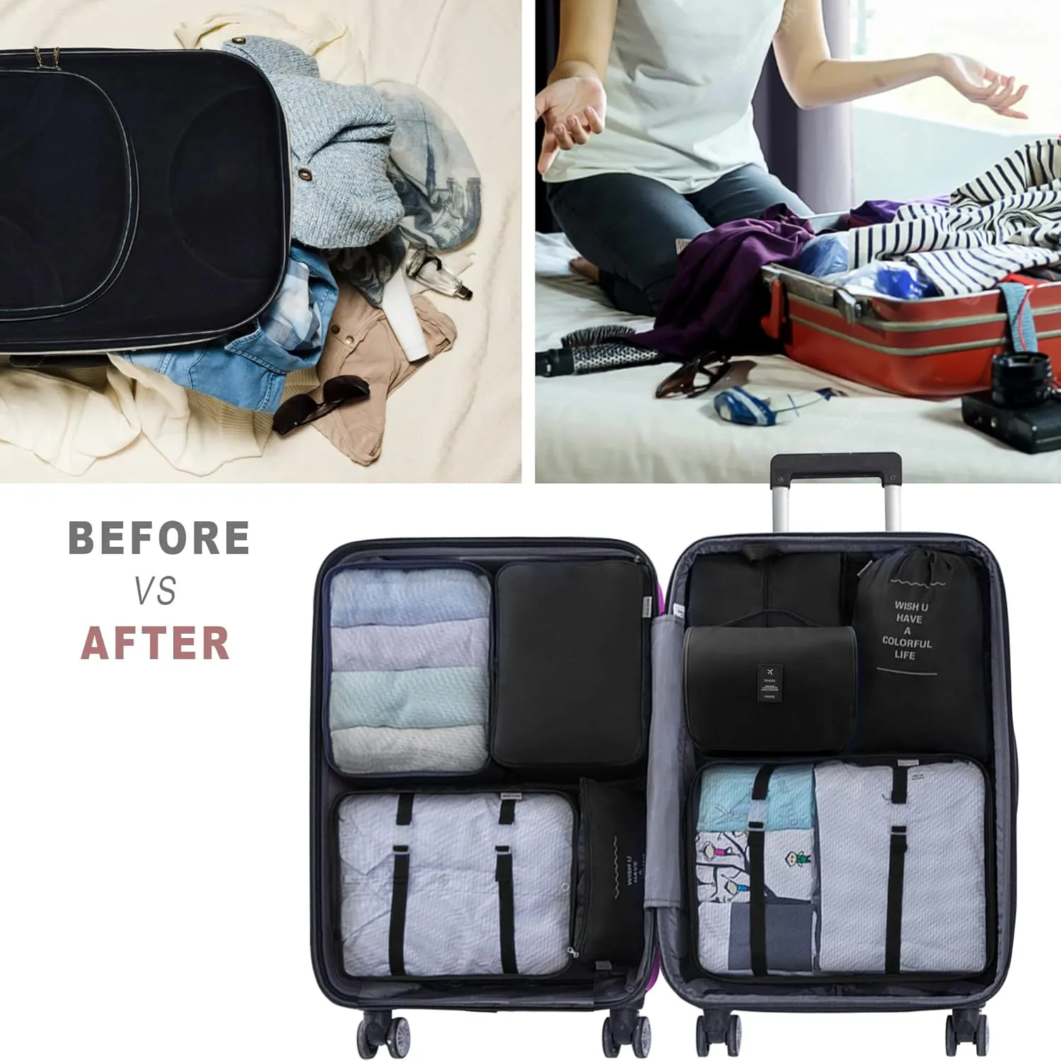 Packing Cubes, 8 Pcs Travel Packing Organizers for Suitcases, Large Capacity Travel Luggage Organizers Set includes 8 Storage Bags, Travel Essentials for Women or Men (Black)
