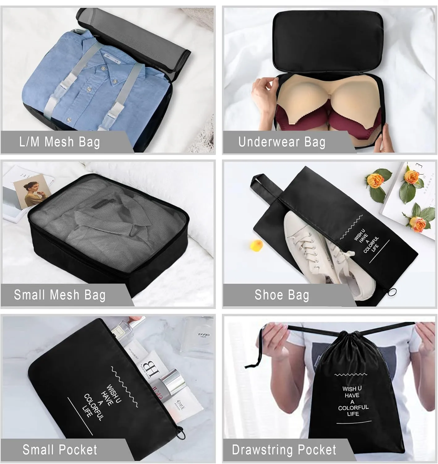 Packing Cubes, 8 Pcs Travel Packing Organizers for Suitcases, Large Capacity Travel Luggage Organizers Set includes 8 Storage Bags, Travel Essentials for Women or Men (Black)