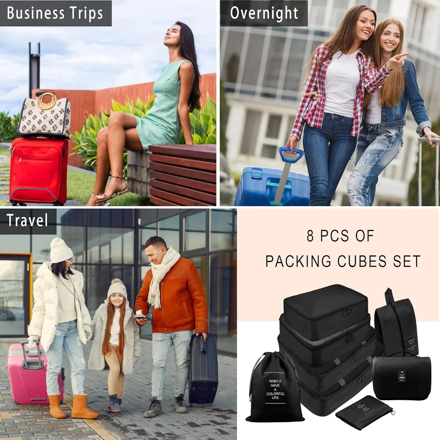 Packing Cubes, 8 Pcs Travel Packing Organizers for Suitcases, Large Capacity Travel Luggage Organizers Set includes 8 Storage Bags, Travel Essentials for Women or Men (Black)