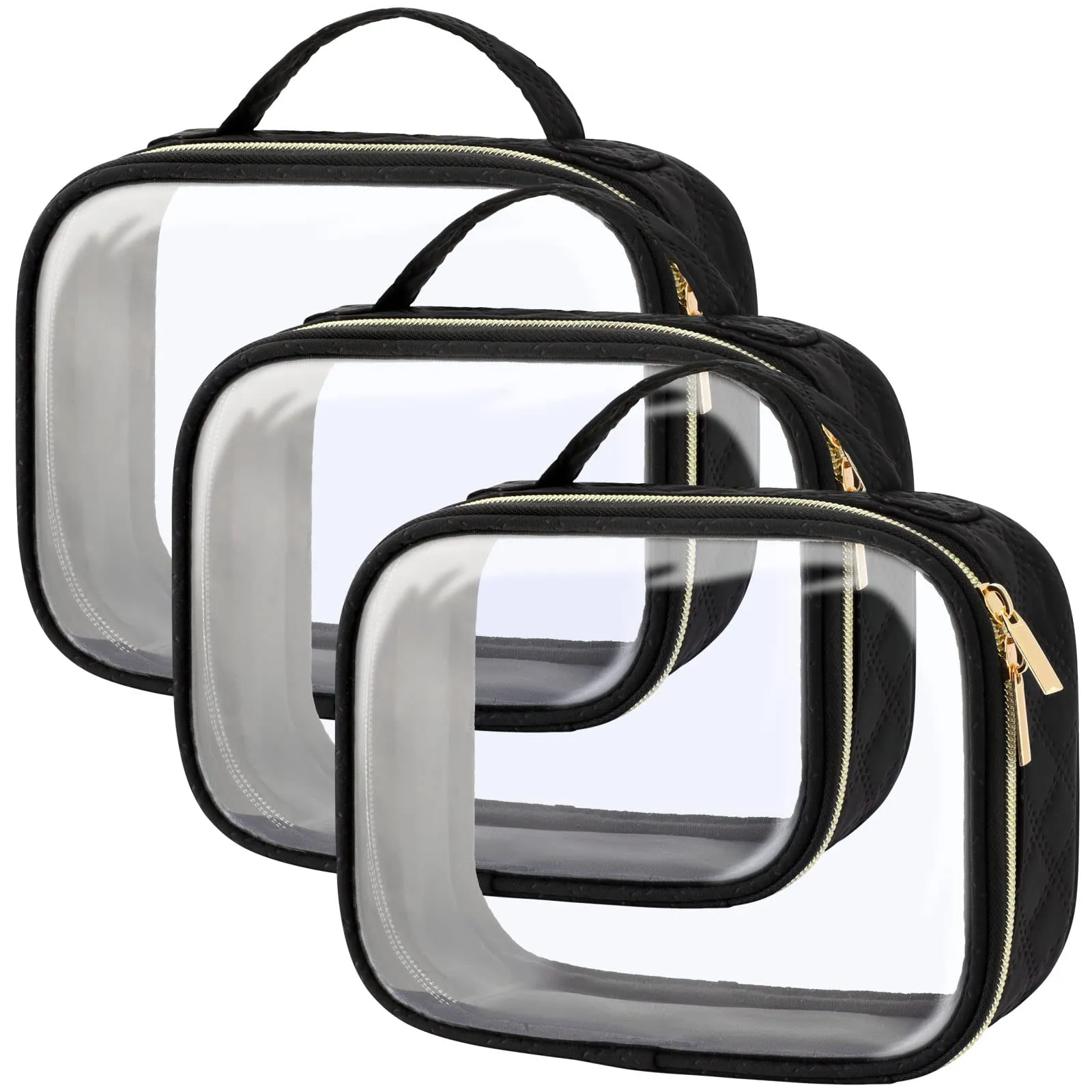 PACKISM TSA Approved Toiletry Bag, 3 Pack Clear Makeup Bags with Handle Large Opening, Clear Toiletry Bags Fit Carry-on Travel Essentials, Quart-sized Travel Bags for Toiletries, Black