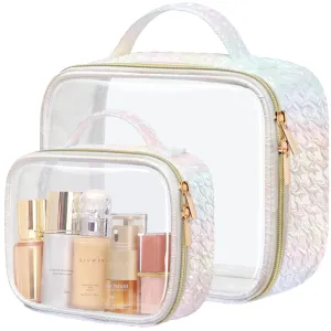 PACKISM TSA Approved Toiletry Bag - Ruched Textured Clear Makeup Bag, Iridescent White, with 180° Large Opening and Supporting Frame, Perfect for Travel Essentials, Thick No Smell