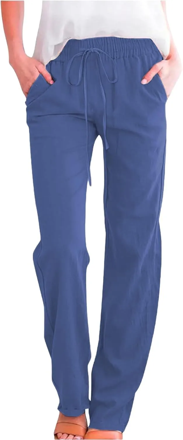 Pants for Women Cotton and Linen Relax Fit Elastic Waist Plus Size Solid Long Trousers 2025 Casual Comfortable Pants