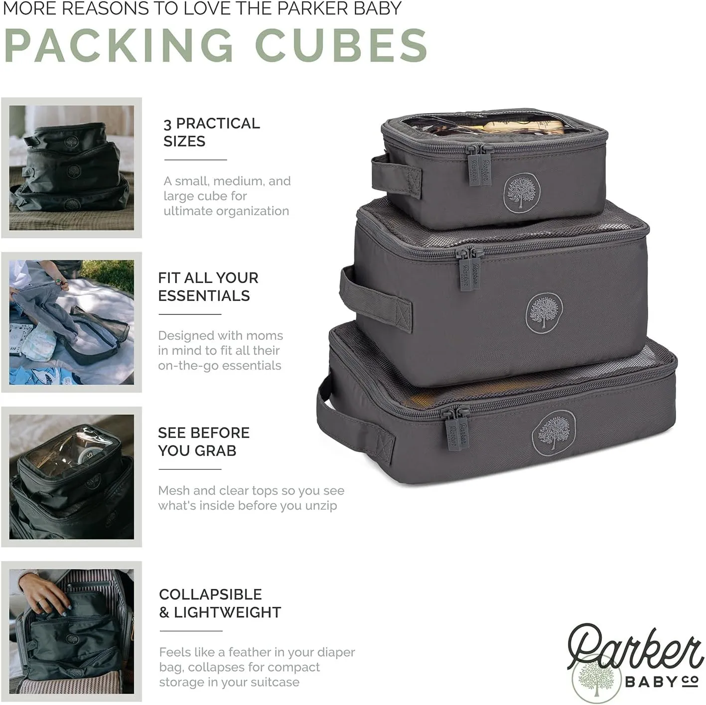 Parker Baby Co. Lightweight Packing Cube Set 3-Pack | Collapsible, Durable, Mesh & Clear Top | Travel Organizer for Diaper Bags, Luggage - Smoke/Harbor Gray Stripe