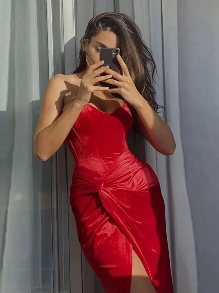 Party Evening Long Industrial-grade Large-scale promotion Dresses Women Elegant Spring Female Chic Vintage Sexy Slit Knot Tube Velvet Dress Slim Street Solid Vestidos