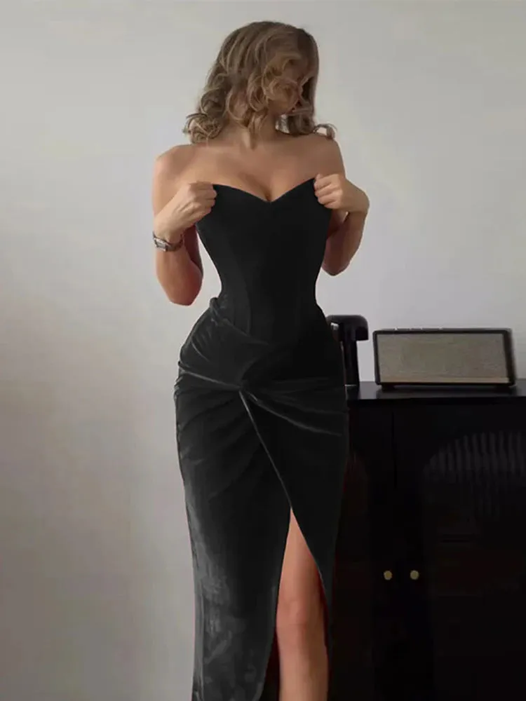 Party Evening Long Industrial-grade Large-scale promotion Dresses Women Elegant Spring Female Chic Vintage Sexy Slit Knot Tube Velvet Dress Slim Street Solid Vestidos