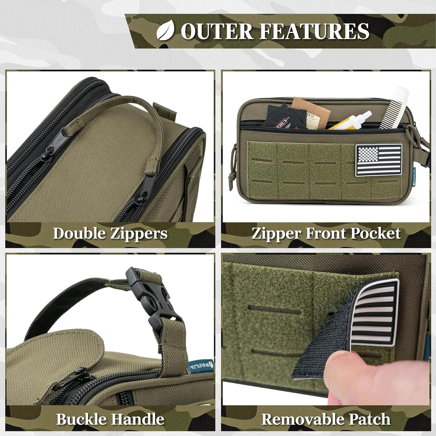 PAVILIA Tactical Toiletry Bag for Men, Hygiene Travel Bag, Military Dopp Kit, Water Resistant Molle Pouch, Mens Shaving Grooming Essentials, Bathroom Shower Toiletries Small Organizer Case, Olive