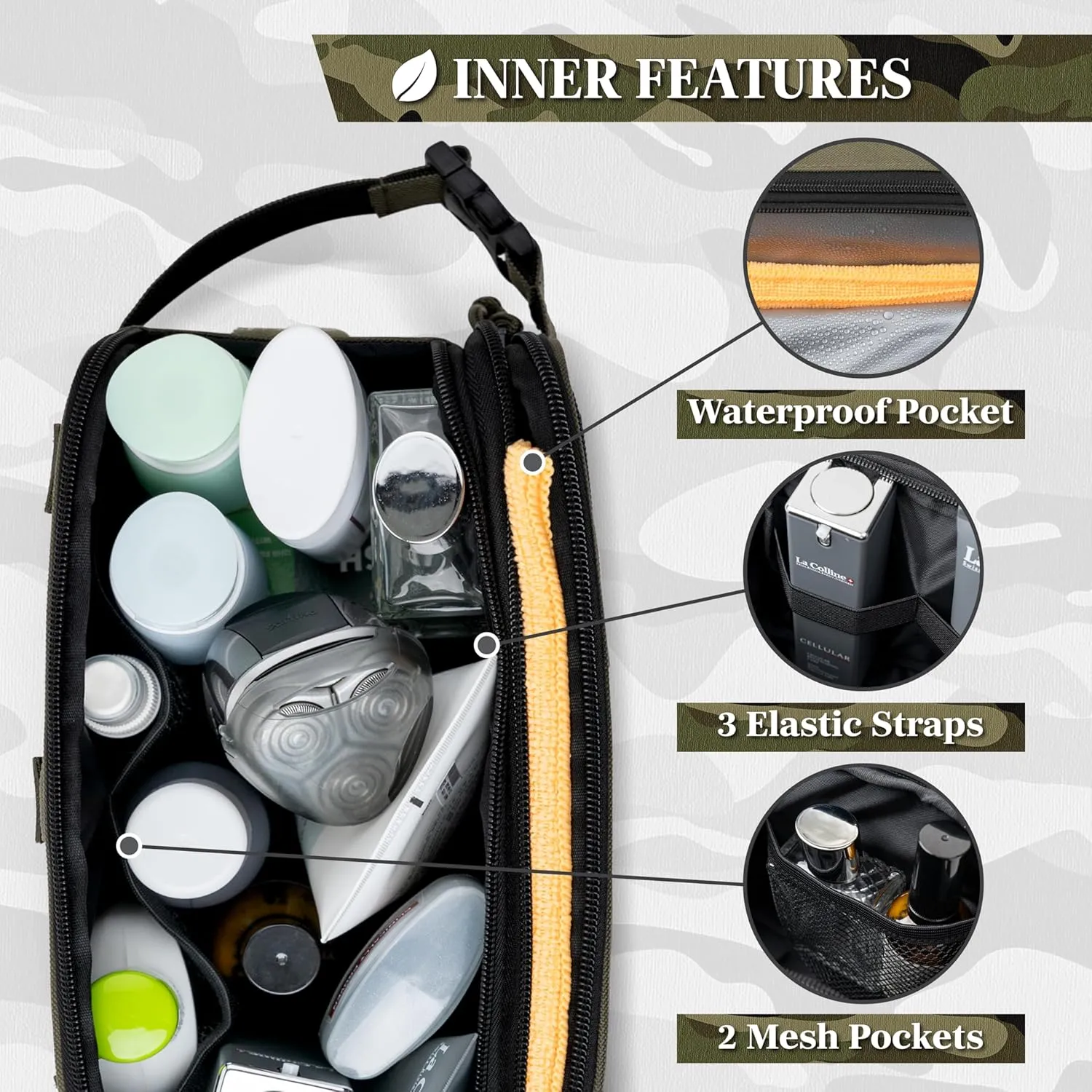 PAVILIA Tactical Toiletry Bag for Men, Hygiene Travel Bag, Military Dopp Kit, Water Resistant Molle Pouch, Mens Shaving Grooming Essentials, Bathroom Shower Toiletries Small Organizer Case, Olive