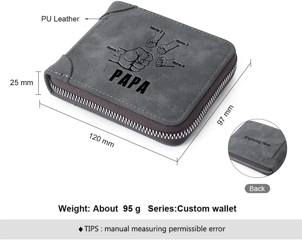 Personalised Men Custom Zipper Wallets Engraved 2-5 Names Bifold Leather Wallet Purse for Dad Husband Papa Grandpa from Daughter Son (4 Names)