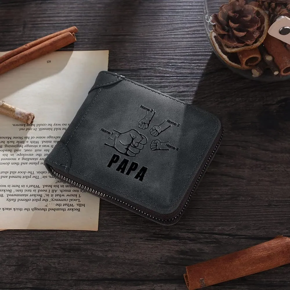 Personalised Men Custom Zipper Wallets Engraved 2-5 Names Bifold Leather Wallet Purse for Dad Husband Papa Grandpa from Daughter Son (4 Names)