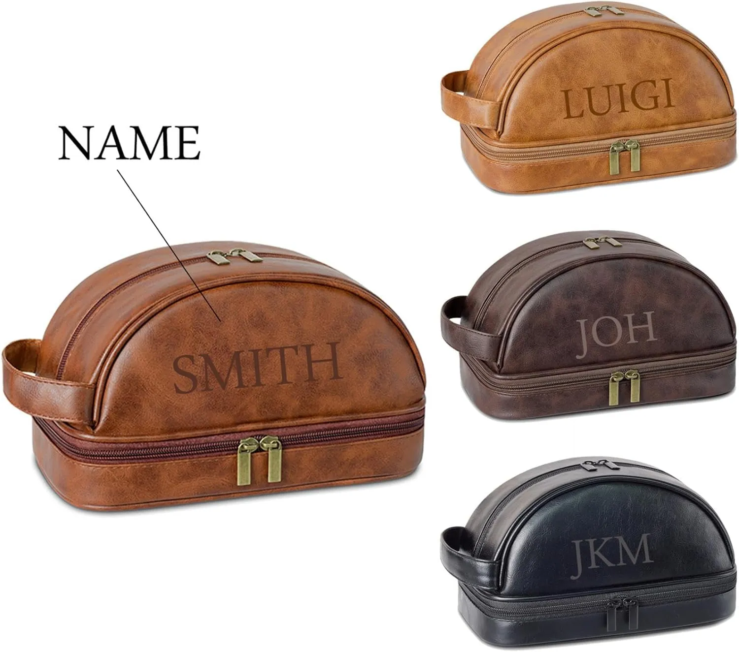 Personalized Leather Toiletry Bag for Men, Engraved Name, Customized Gift for Birthday, Dad, Husband, Grandpa, Lover, Groomsmen, Travel & Toiletry Use (Yellow Brown)