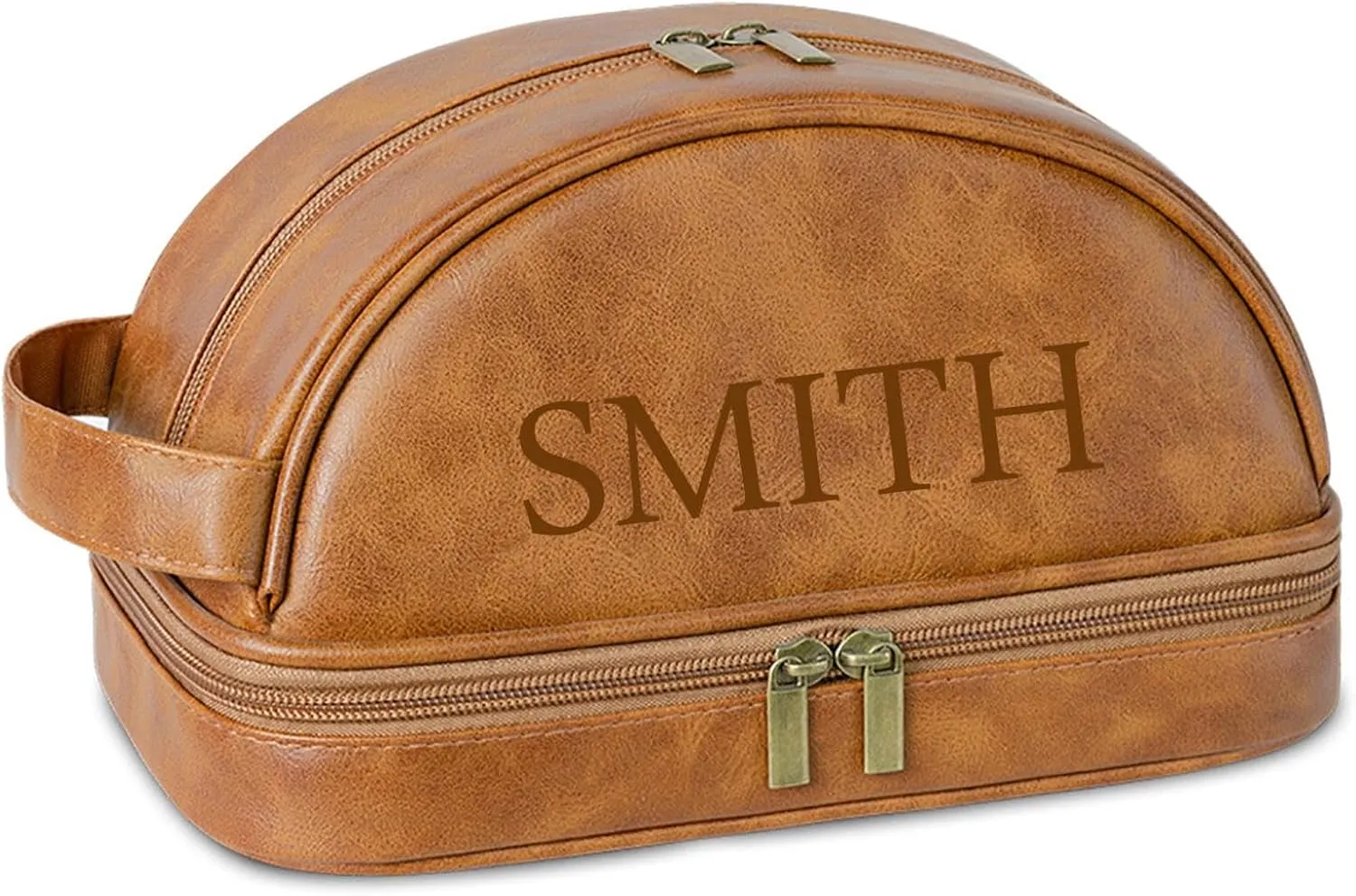 Personalized Leather Toiletry Bag for Men, Engraved Name, Customized Gift for Birthday, Dad, Husband, Grandpa, Lover, Groomsmen, Travel & Toiletry Use (Yellow Brown)