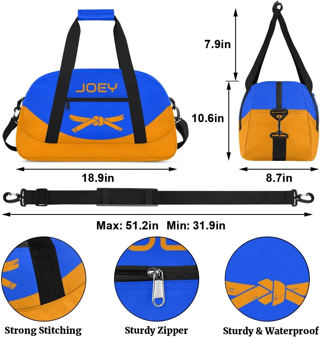 Personalized Martial Art Bag Duffel Bag for Boys Girls, Custom Taekwondo Karate Bag for Travel Weekender Practice Orange Belt