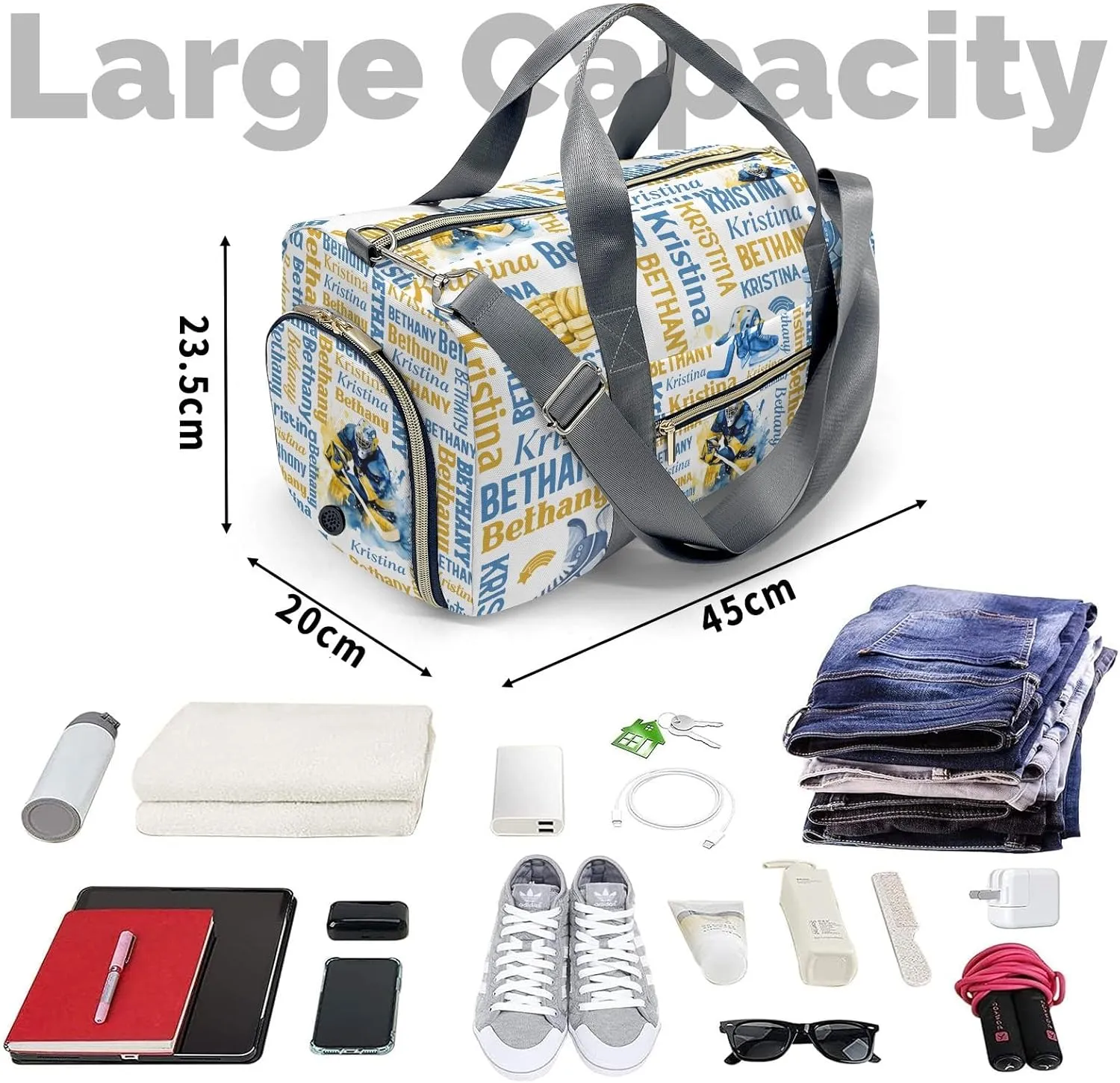Personalized Name Sport Player Gym Bag for Women, Ice Hockey Travel Duffle Bag Carry On Weekender Bag with Shoe Compartment Custom Gift