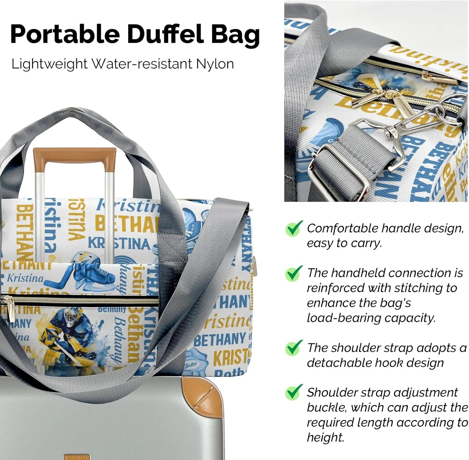 Personalized Name Sport Player Gym Bag for Women, Ice Hockey Travel Duffle Bag Carry On Weekender Bag with Shoe Compartment Custom Gift