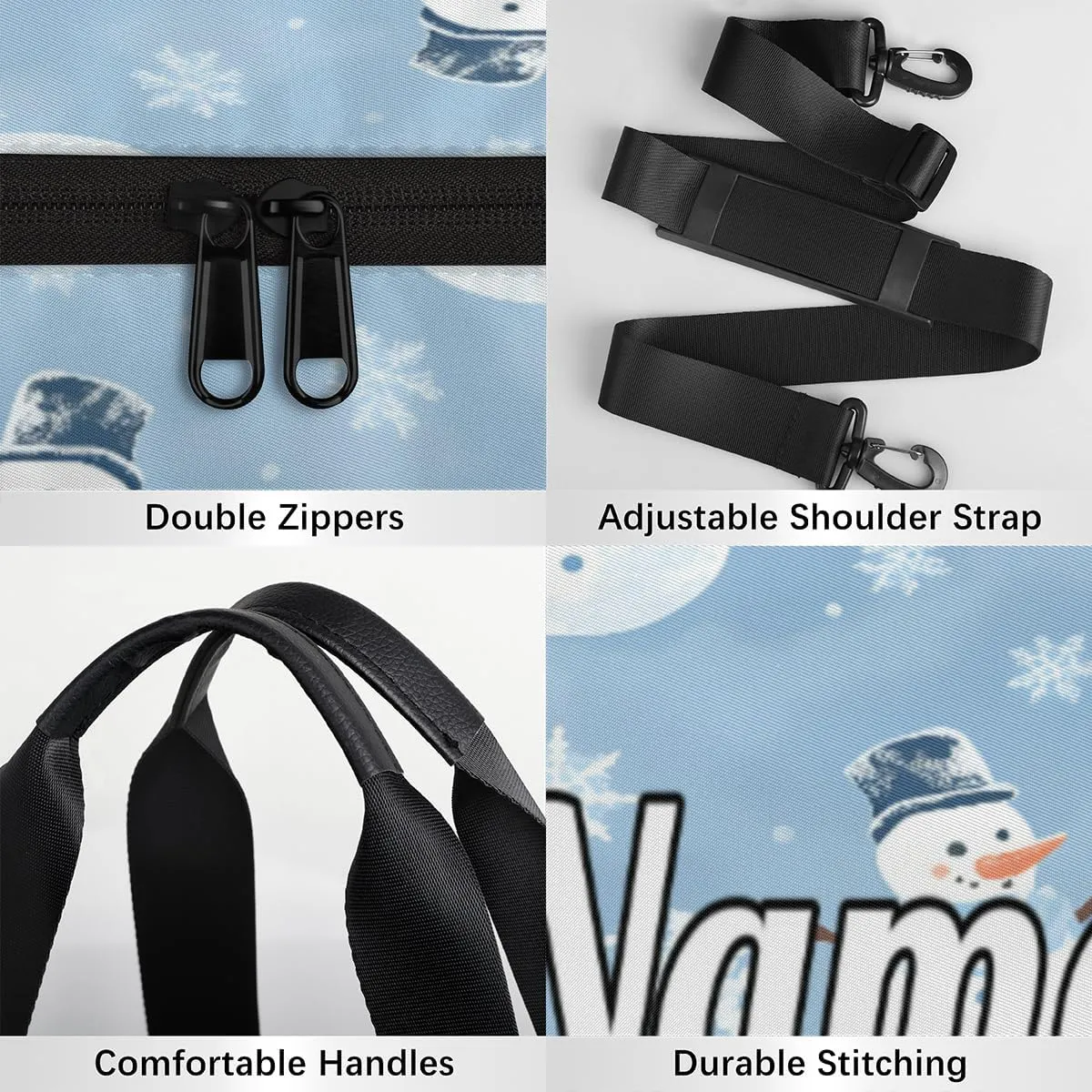 Personalized Sport Gym Bag Dance Duffle Ballet Bag Overnight Travel Sleepover Bags Swimming Hiking Camping, Blue Snowman Snowflake