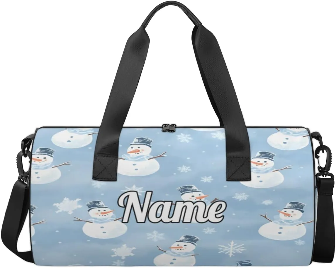 Personalized Sport Gym Bag Dance Duffle Ballet Bag Overnight Travel Sleepover Bags Swimming Hiking Camping, Blue Snowman Snowflake