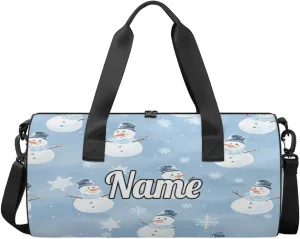 Personalized Sport Gym Bag Dance Duffle Ballet Bag Overnight Travel Sleepover Bags Swimming Hiking Camping, Blue Snowman Snowflake