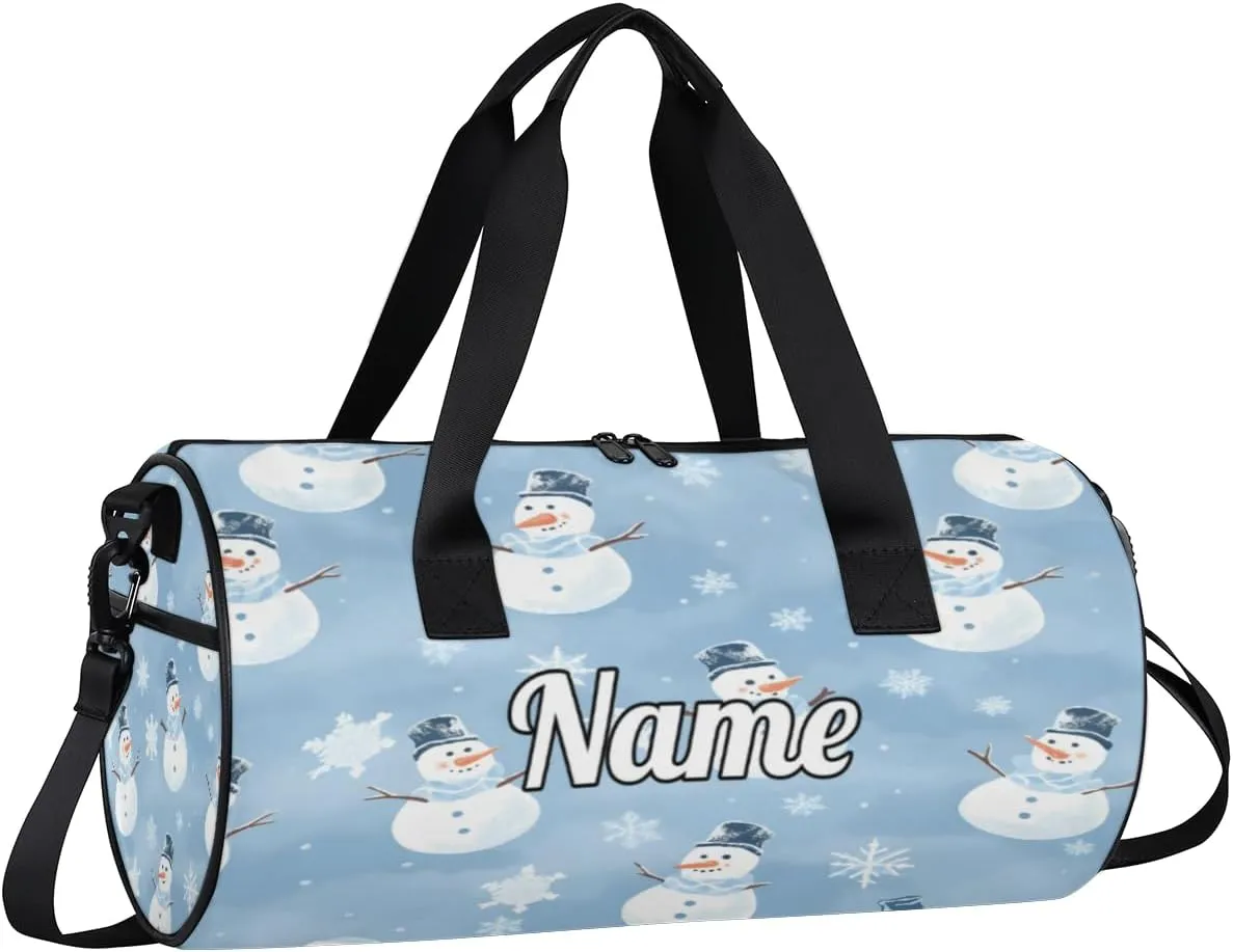 Personalized Sport Gym Bag Dance Duffle Ballet Bag Overnight Travel Sleepover Bags Swimming Hiking Camping, Blue Snowman Snowflake