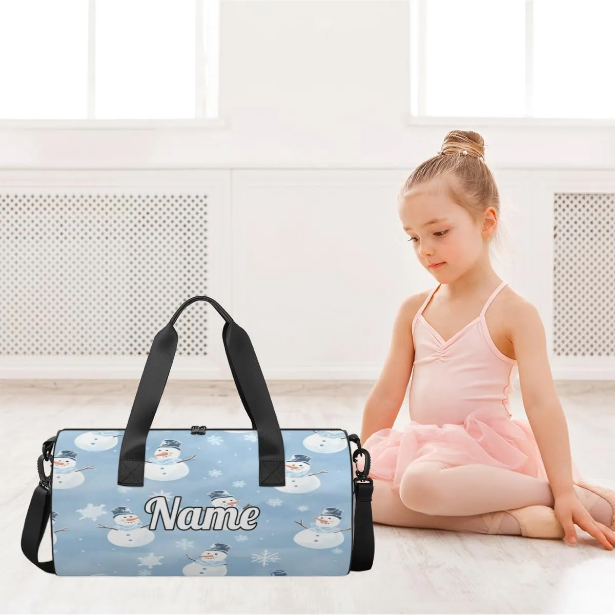Personalized Sport Gym Bag Dance Duffle Ballet Bag Overnight Travel Sleepover Bags Swimming Hiking Camping, Blue Snowman Snowflake