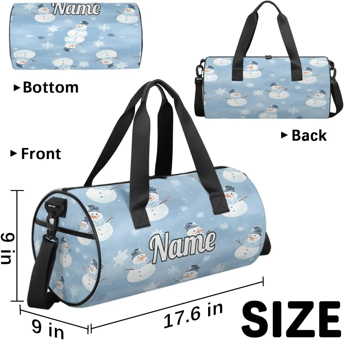 Personalized Sport Gym Bag Dance Duffle Ballet Bag Overnight Travel Sleepover Bags Swimming Hiking Camping, Blue Snowman Snowflake