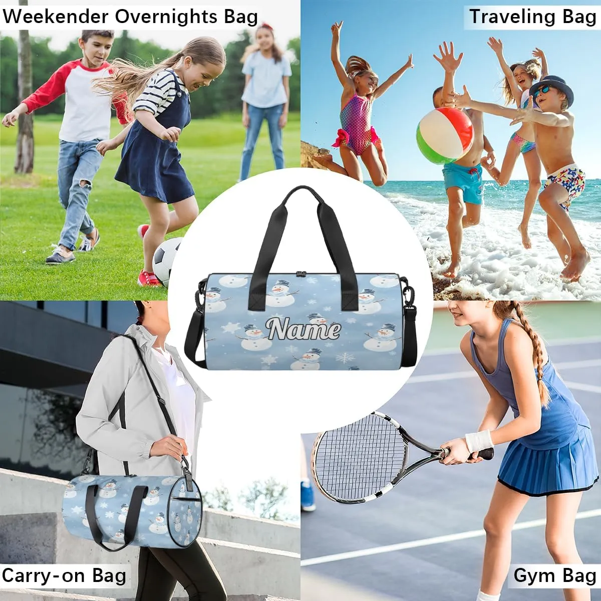 Personalized Sport Gym Bag Dance Duffle Ballet Bag Overnight Travel Sleepover Bags Swimming Hiking Camping, Blue Snowman Snowflake
