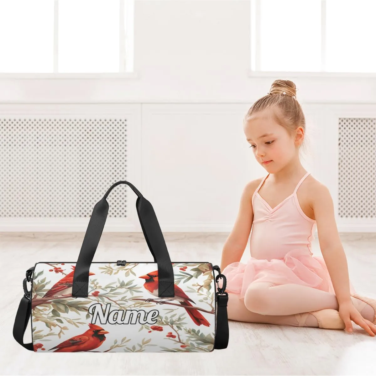 Personalized Sport Gym Bag Dance Duffle Ballet Bag Overnight Travel Sleepover Bags Swimming Hiking Camping, Winter Bird Cardinal