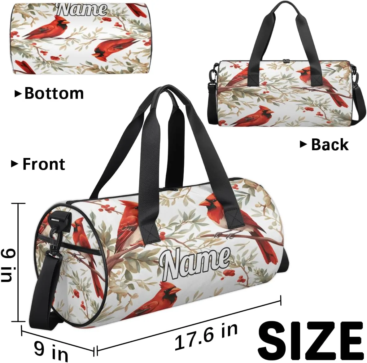 Personalized Sport Gym Bag Dance Duffle Ballet Bag Overnight Travel Sleepover Bags Swimming Hiking Camping, Winter Bird Cardinal
