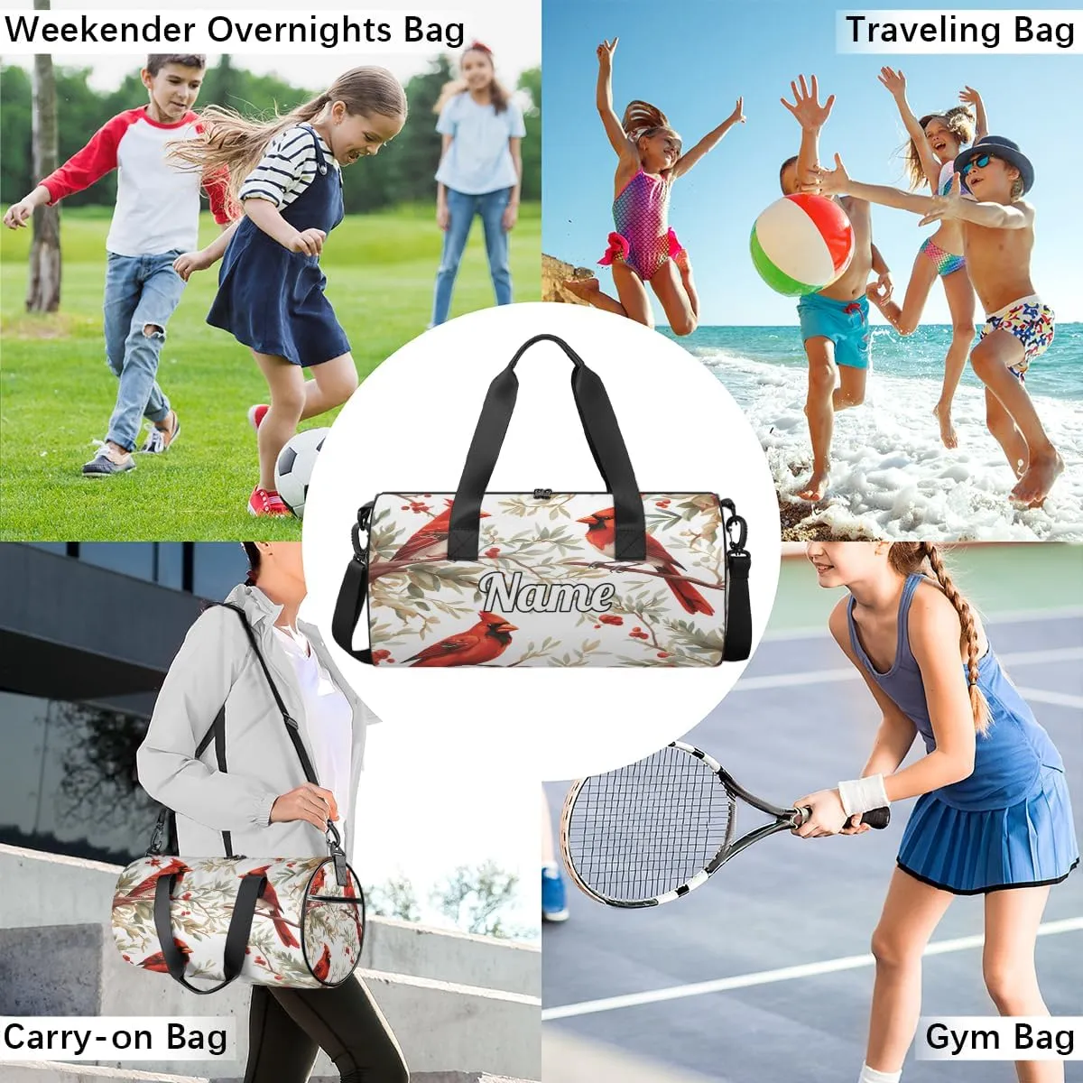 Personalized Sport Gym Bag Dance Duffle Ballet Bag Overnight Travel Sleepover Bags Swimming Hiking Camping, Winter Bird Cardinal