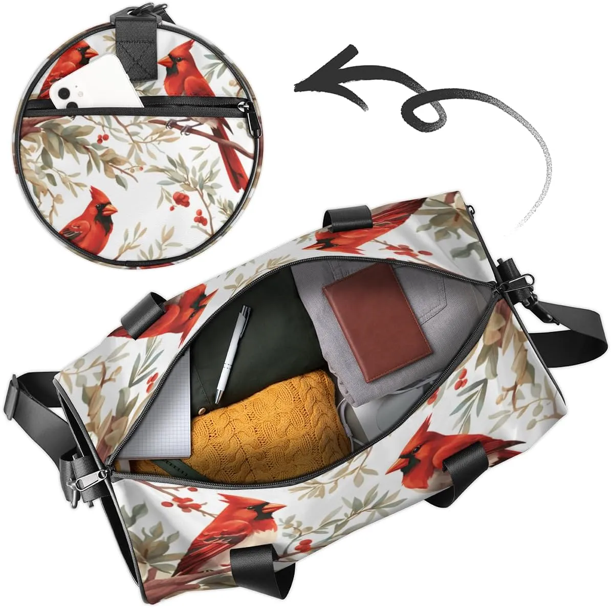 Personalized Sport Gym Bag Dance Duffle Ballet Bag Overnight Travel Sleepover Bags Swimming Hiking Camping, Winter Bird Cardinal