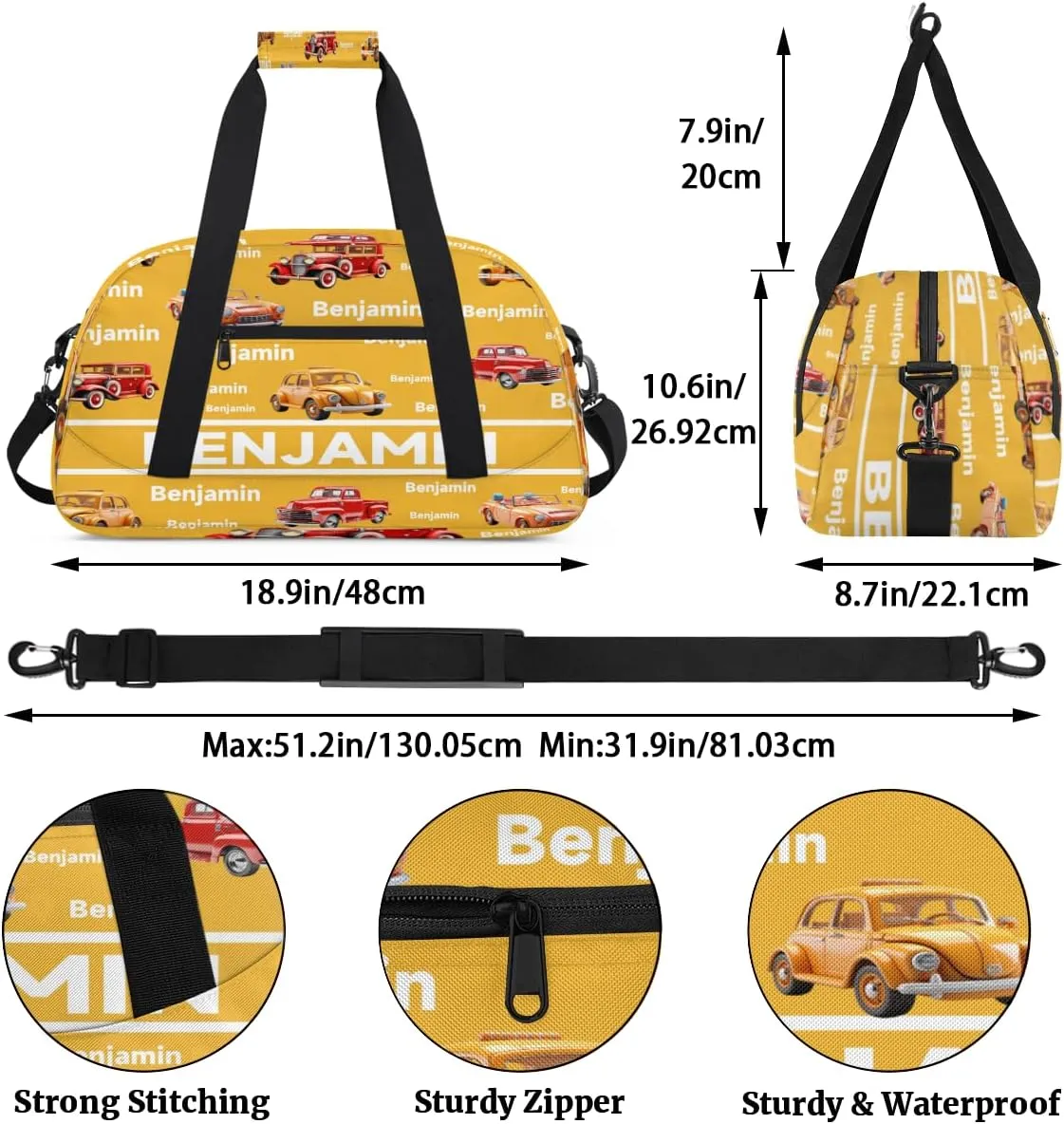 Personalized Truck Car Sports Duffel Bag for Women Men, Custom Travel Gym Bags Birthday Gifts with Name, Truck Car Overnight Weekender Bag