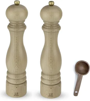 Peugeot Paris u'Select 6 Setting Manual beechwood Salt & Pepper Mill Set With Wooden Spice Scoop Made In France (Natural, 12- Inch)