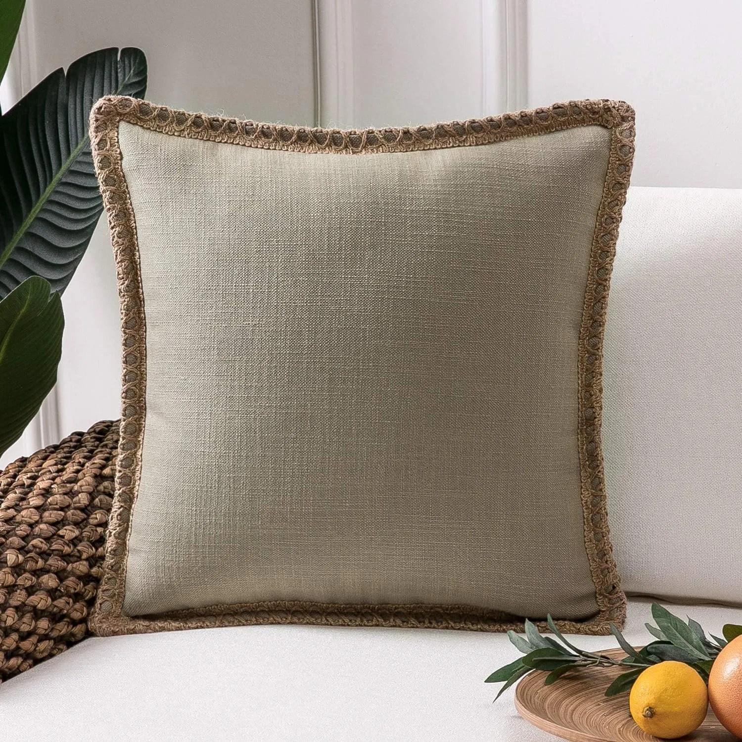 Phantoscope Farmhouse Solid Throw Decorative Pillow Cover Burlap Linen Trimmed Tailored Edges Outdoor Pillow Beige 20 x 20 inches, 50 x 50 cm, Pack of 1