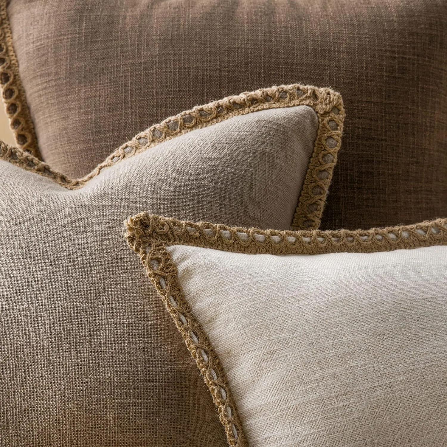 Phantoscope Farmhouse Solid Throw Decorative Pillow Cover Burlap Linen Trimmed Tailored Edges Outdoor Pillow Beige 20 x 20 inches, 50 x 50 cm, Pack of 1