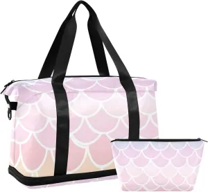 Pink Mermaid Scale Versatile Sports Travel Bag - Lasting Twill Tote, Removable Wheel & Rod Bagging, Multi-pocket Design, Complimentary Makeup Bag