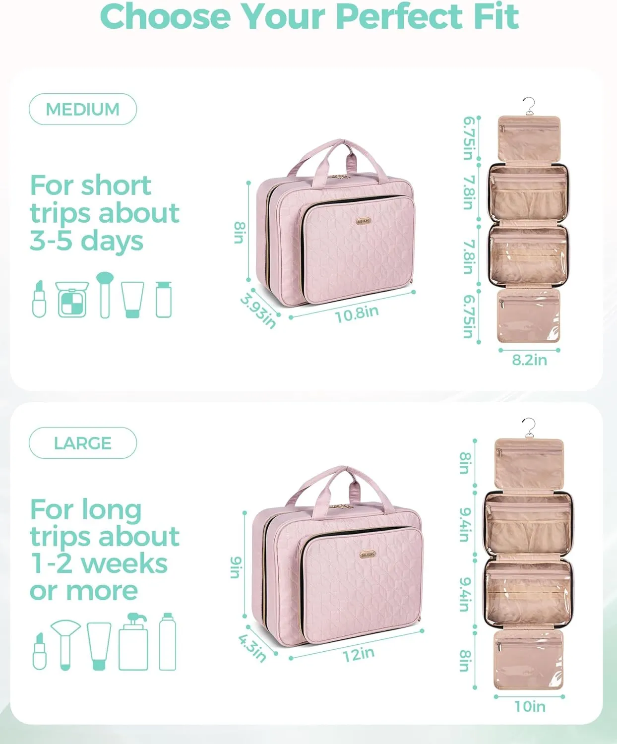 Pink Toiletry Bag Travel with Hanging Hook, Water-resistant Cosmetic Makeup Bag Organizer for Shampoo, Full Sized Container, Toiletries