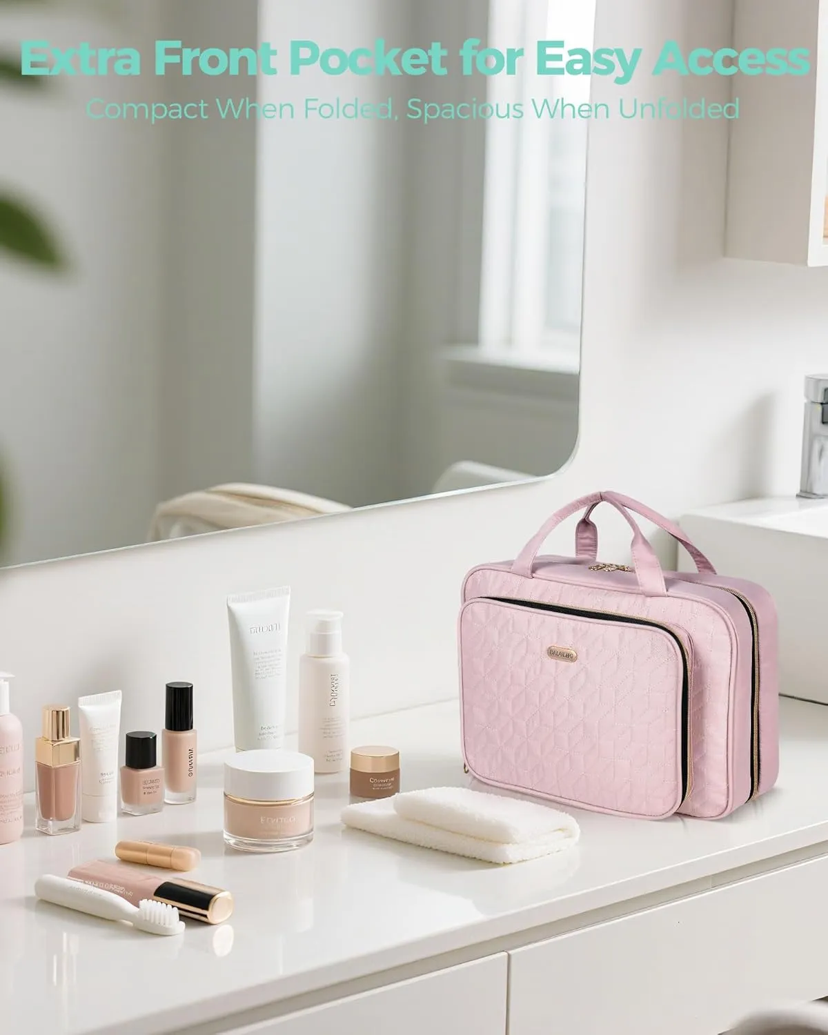 Pink Toiletry Bag Travel with Hanging Hook, Water-resistant Cosmetic Makeup Bag Organizer for Shampoo, Full Sized Container, Toiletries