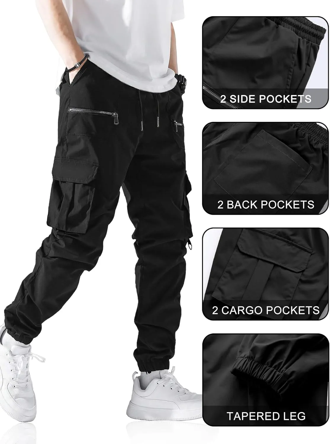 PLEPAN Men's Casual Cargo Pants Elastic Waist Drawstring Joggers Pants Tapered Sweatpants for Men Multi Pockets