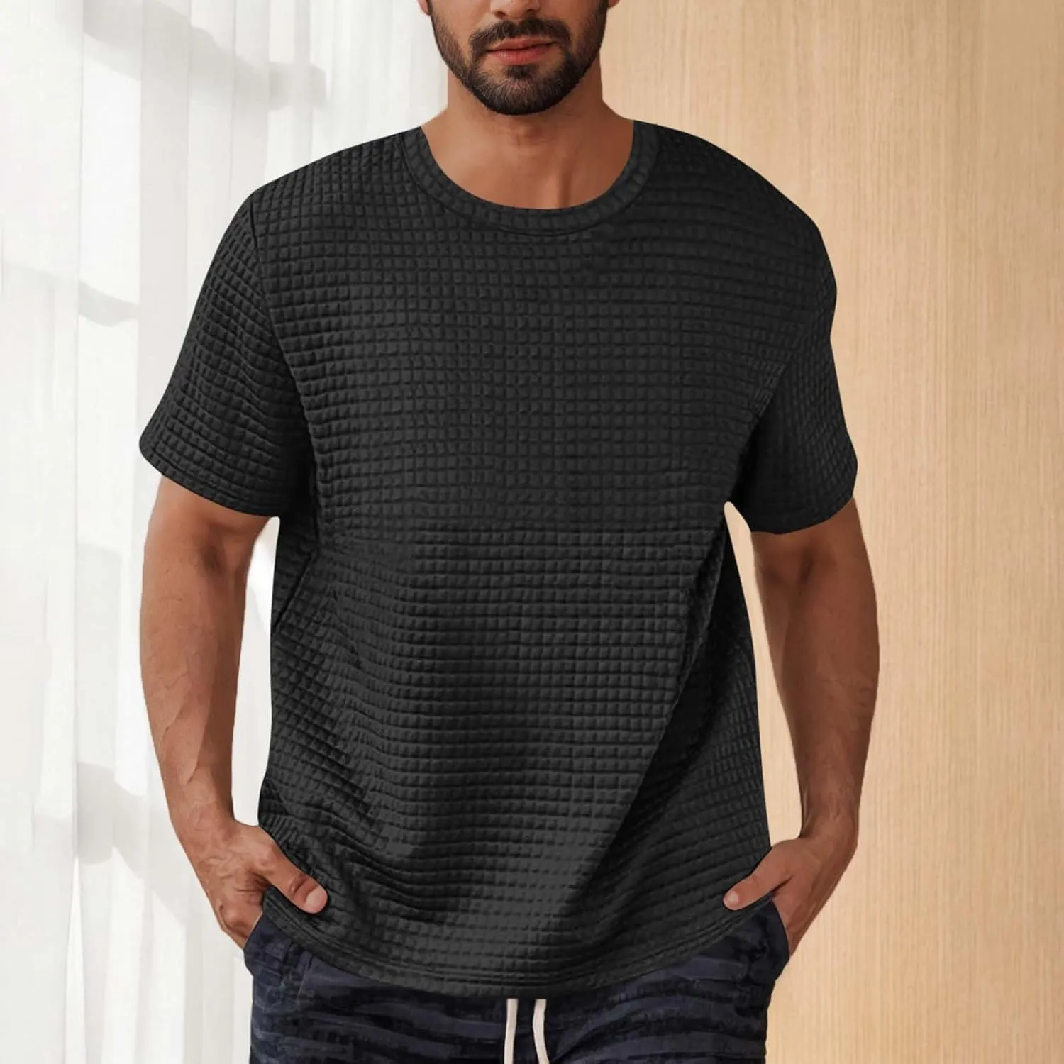 Plus Size Waffle Knit Shirt for Men Summer Crew Neck Short Sleeve Textured Tops Casual Solid Loose Comfy Soft Blouse