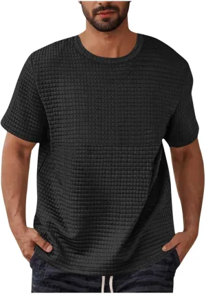 Plus Size Waffle Knit Shirt for Men Summer Crew Neck Short Sleeve Textured Tops Casual Solid Loose Comfy Soft Blouse