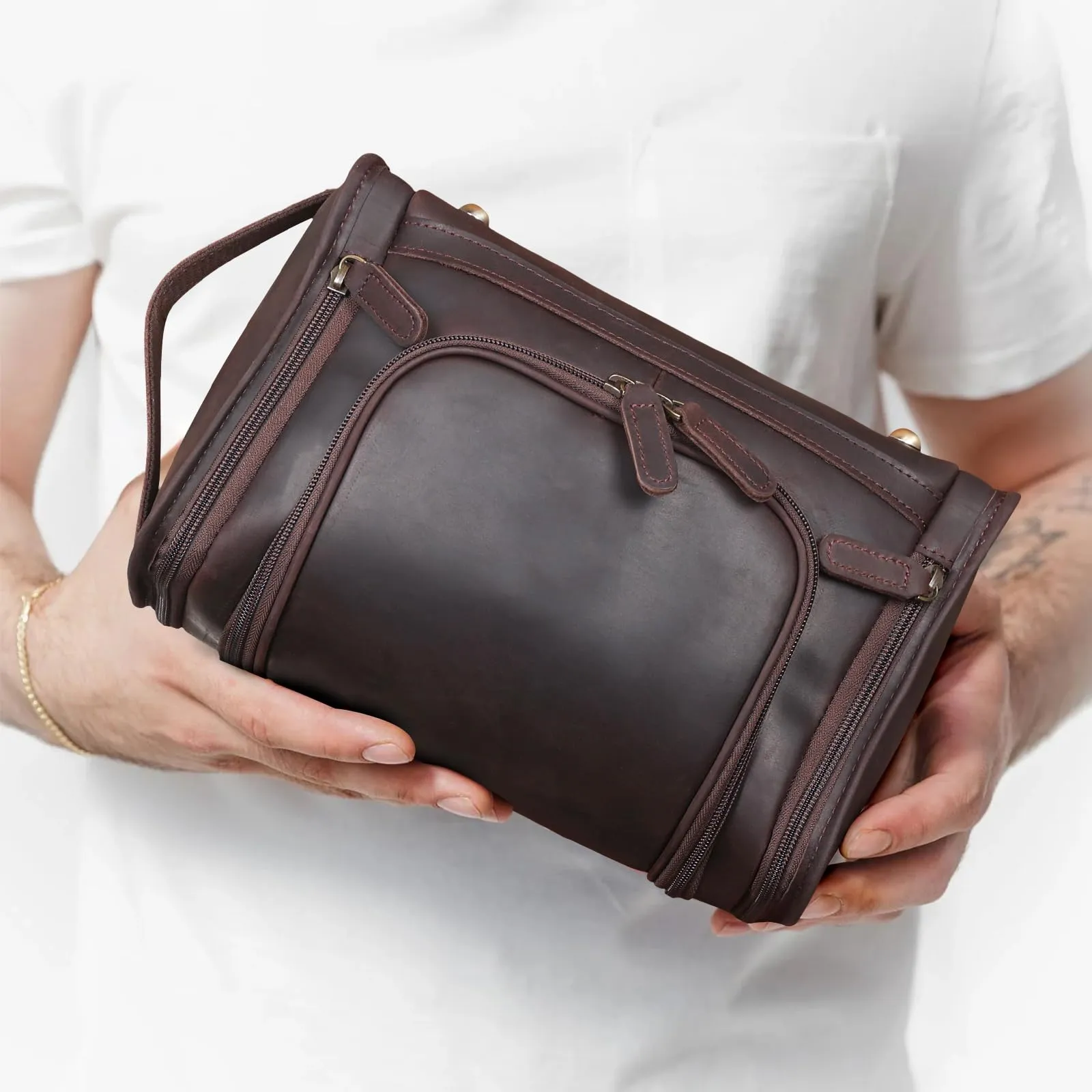 Polare Full Grain Leather Toiletry Bag Travel Dopp Kit Makeup Cosmetic Organizer Shaving Kit Wash Case with Hanging Hook