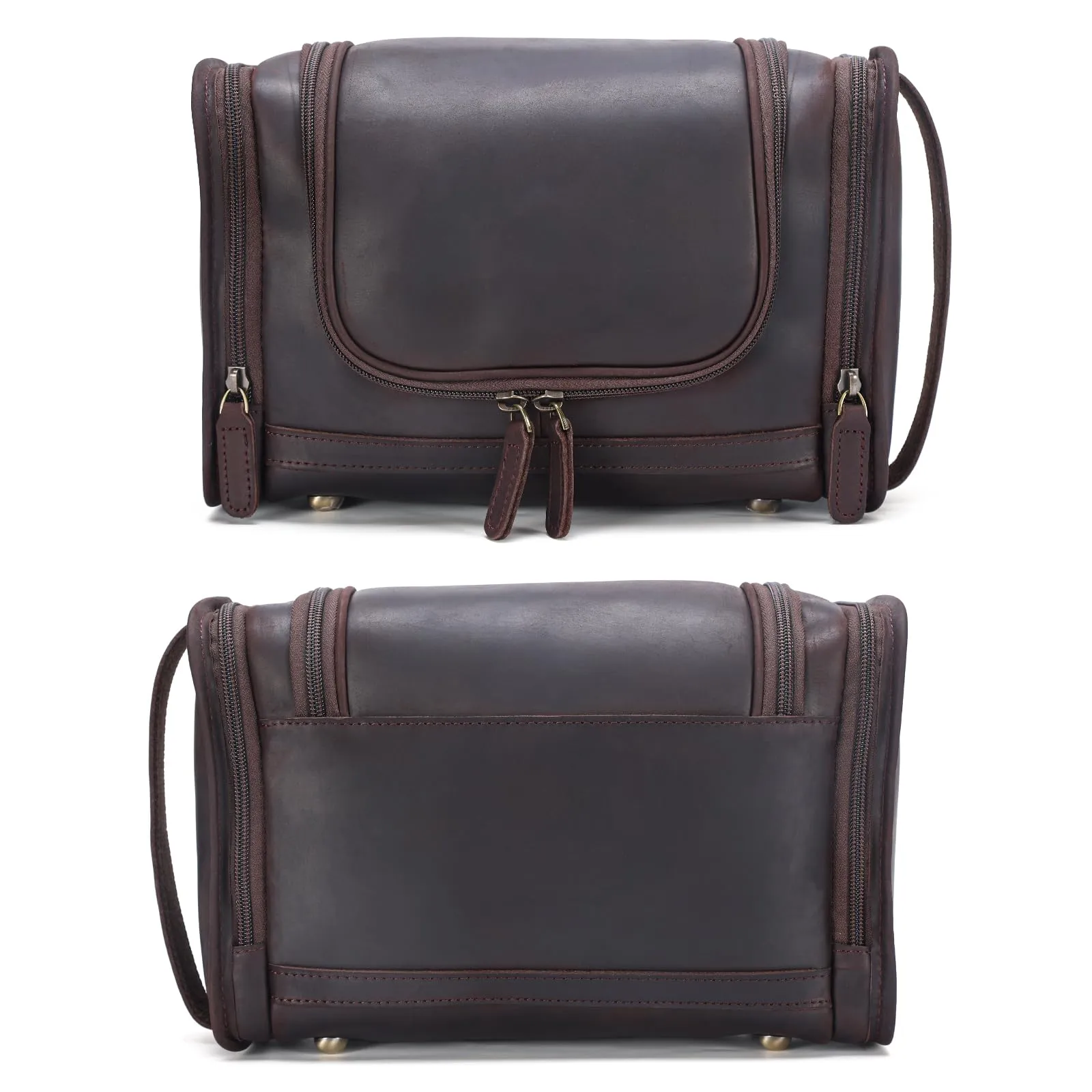 Polare Full Grain Leather Toiletry Bag Travel Dopp Kit Makeup Cosmetic Organizer Shaving Kit Wash Case with Hanging Hook