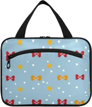 Polka Dot and Bow Reddish Yellow hanging travel bags for women toiletry with hook, designer expandable toiletries bag for ladies backpacking bolsa de maquillaje para mujer L