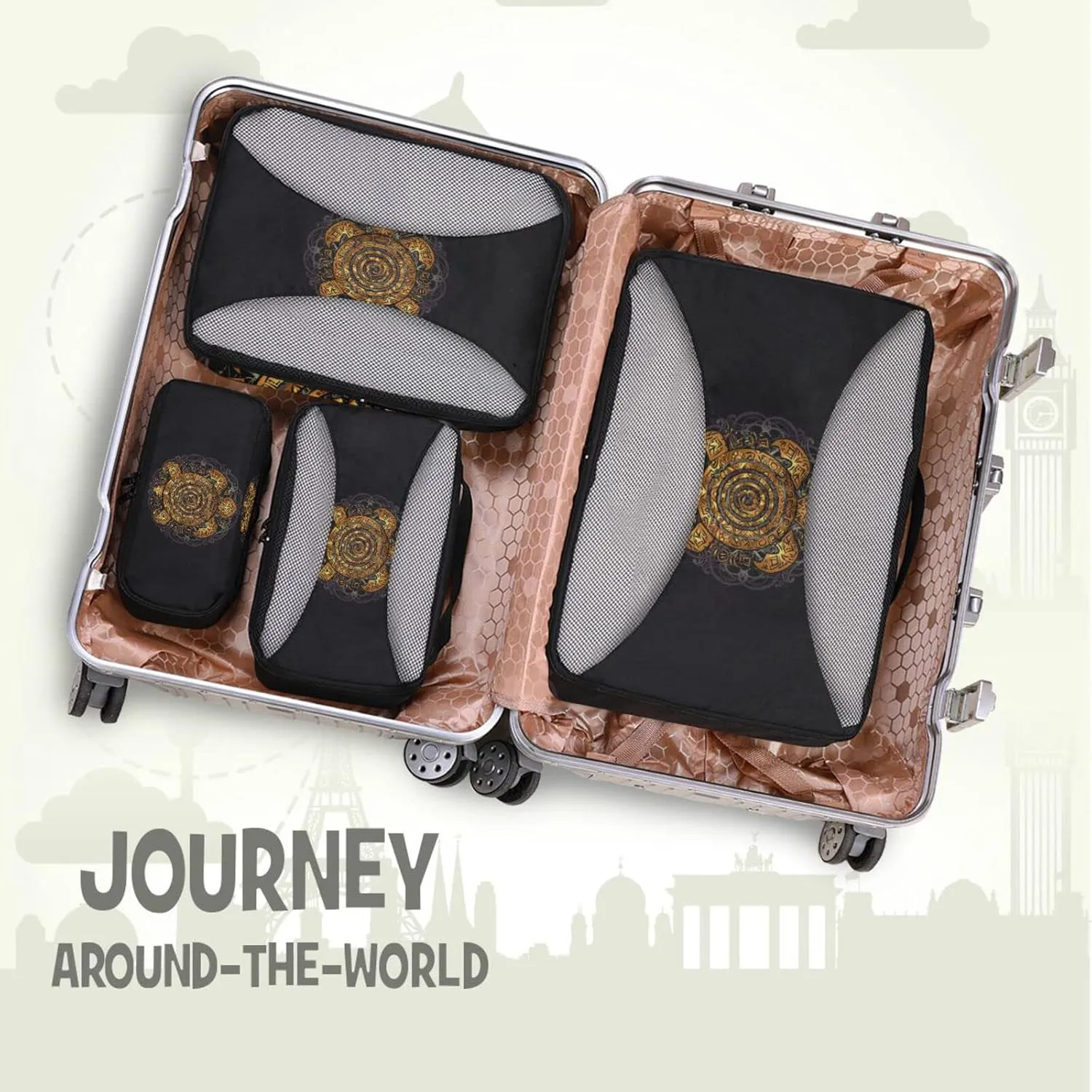 Polynesian Golden Tribal Sea Turtle Tattoo on Black Toned Maori 4 PCs Set Packing Bags, Luggage Organizer Bag, Portable Cube Toiletry bag, Durable Travel Cosmetic Storage Bag for Men Women