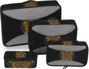 Polynesian Golden Tribal Sea Turtle Tattoo on Black Toned Maori 4 PCs Set Packing Bags, Luggage Organizer Bag, Portable Cube Toiletry bag, Durable Travel Cosmetic Storage Bag for Men Women