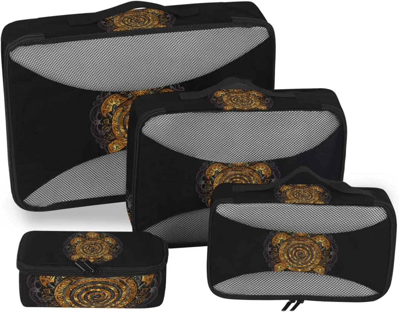 Polynesian Golden Tribal Sea Turtle Tattoo on Black Toned Maori 4 PCs Set Packing Bags, Luggage Organizer Bag, Portable Cube Toiletry bag, Durable Travel Cosmetic Storage Bag for Men Women