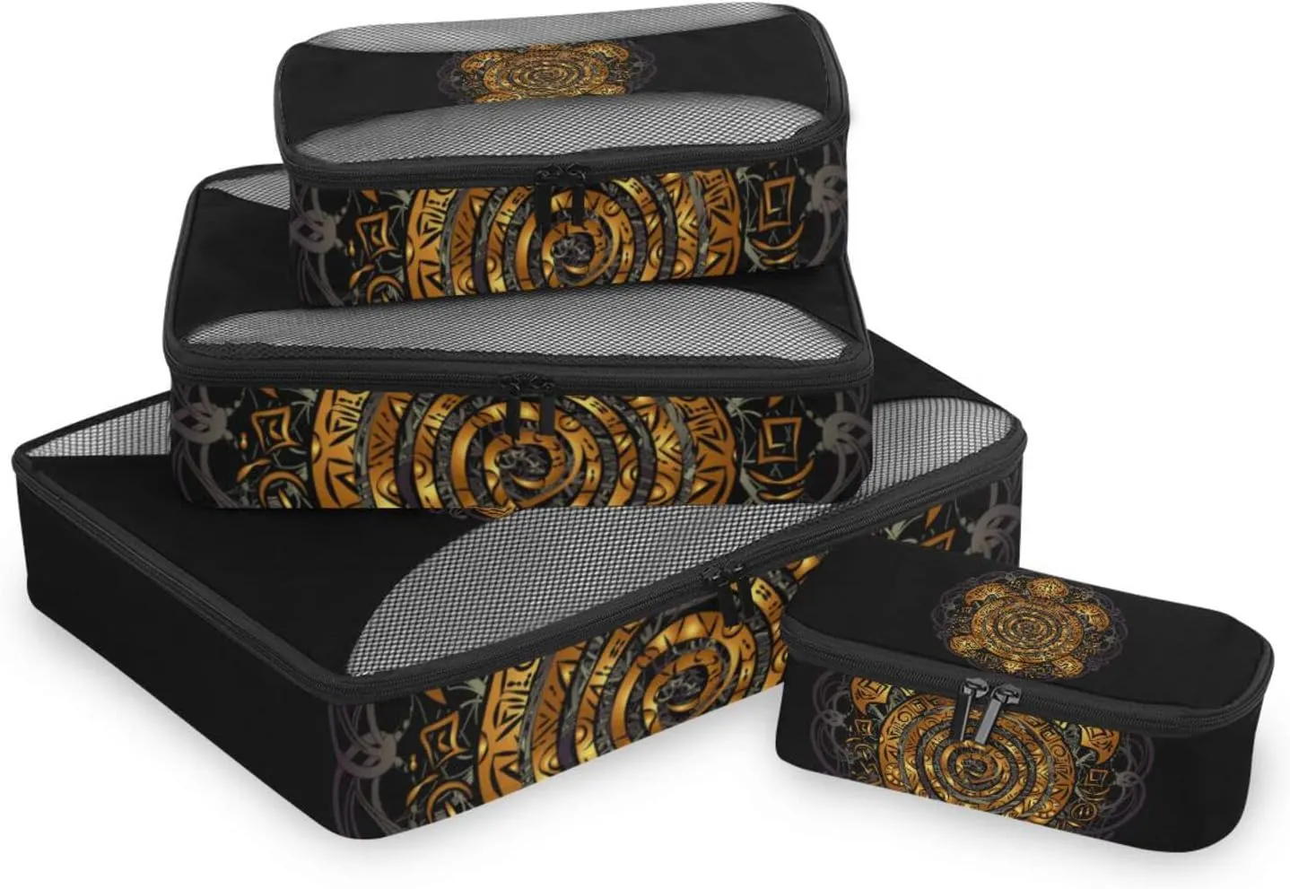 Polynesian Golden Tribal Sea Turtle Tattoo on Black Toned Maori 4 PCs Set Packing Bags, Luggage Organizer Bag, Portable Cube Toiletry bag, Durable Travel Cosmetic Storage Bag for Men Women